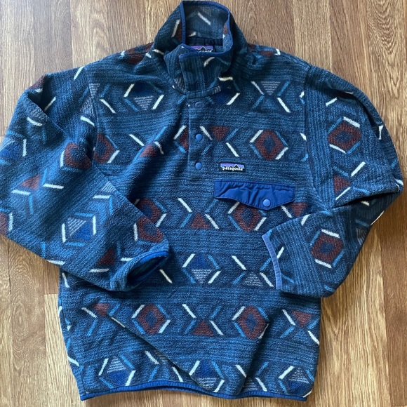 RARE Patagonia Aztec tribal fleece jacket coat print pattern geo intarsia blue - Picture 2 of 5